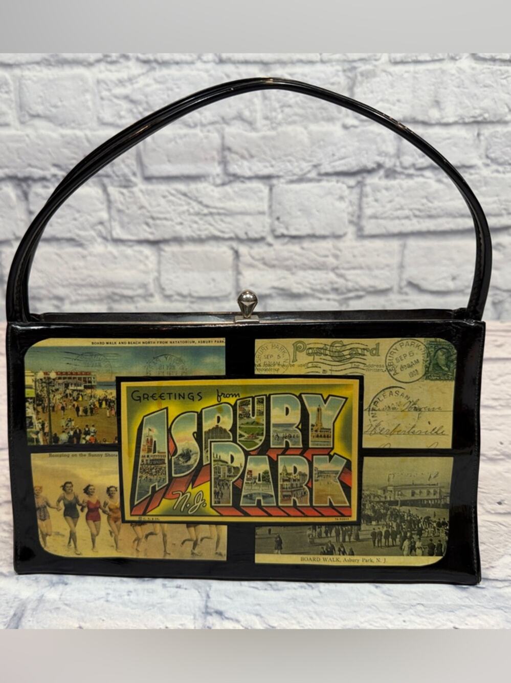 Custom Purse Vintage Jersey Shore Asbury Park NJ Black Patent Postcard Ephemera